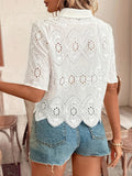 Spring And Summer 2025 Women's New Solid-Colored Lace Shirt Hollow Women's Short-Sleeved Casual Top HZ1208
