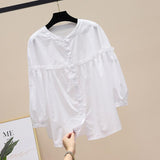 Cotton 2025 Spring And Autumn Korean Version Of The Round-Necked Women's Shirt Age-Old Doll Shirt Fashion Casual Thin Nine-Sleeved Lace Shirt HZ1208