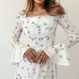 2025 Summer Women's Temperament Elegant Broken Flower Fold Fairy Waist Horn Sleeves Floating Dress HZ1208