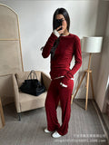 Autumn/Winter 2025 New Soft Model Set Women's Casual Blouse + Broad Legs Christmas Red Two-Sleeve HZ1208