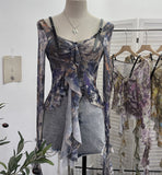 French Retro Oil Painting Wind Dyed Lotus Leaf Side Sling T-Shirts Long Sleeves Drifting Coat 2658 HZ1208