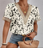 Wishebay Women's Dress V-Neck Lace Loose Top Commuter Short-Sleeved Shirt Women Splicing Design HZ1208