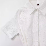 Spring New Fashion Collar Short Sleeves Pure White Embroidered Shirt Dress Women 2614271 HZ1208