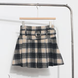 Real Shooting With Belt ~ Lattice Hair Of The Hundred Folded Skirt High Waist Anti-Light Small A Word Short Skirt 8382 HZ1208