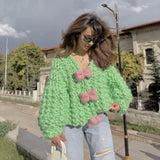 French Bow Sweater Cardigan Jacket Languid Short Heavyweight Knitted Jersey Woman HZ1208