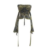 Small-Sized Old-Fashioned Green Shoulder Horn Sleeve Blouse Dye Net Yarn Lace Draw Rope Short T-Shirt 8010 HZ1208