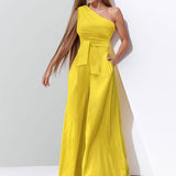 Women's Dress 2025 New Solid Color Collared Shoulder Tie With High-Waisted Broad-Legged Jumpsuit Woman HZ1208