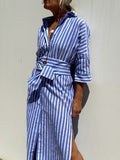 2025Wish Explosion Autumn Five-Sleeve Striped Sides On Both Sides Of The Fork Shirt Dress Woman HZ1208