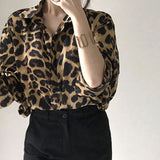 Korean Chic Autumn Vintage Leopard Print Collar Single Buckle Loose Leisure Long-Sleeved Shirt Topess HZ1208