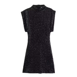 Spring New With Cushioned Shoulder Squins Embellion Slimming Mini Dress HZ1208