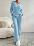 Autumn And Winter New Women's Pure Color V-Neck Loose Blouse Casual Straight Trousers Pit Two Sets HZ1208