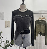 Design Feel Niche Cowboy Splicing Long-Sleeved Mesh T-Shirt Girl Summer Round Collar Dress Short Top 2617 HZ1208