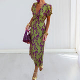 Women's Dress 2025 New Temperament Fashion Print V Collar Folds To The Waist To Repair The Dress Woman HZ1208