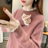 New Half-High Collar Sweater In Autumn And Winter 2025 Women Loose Outer Wear Lace Stitched Knitted Bottom Shirt Tide HZ1208