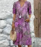 2025 Fashion New Printed Lace V-Neck Short-Sleeved Dress HZ1208