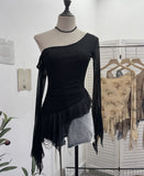 Personality Tie-Dye-Print Oblique Shoulder Dress Repair Irregular Lotus Horn Long-Sleeved Mesh T-Shirt 9955 HZ1208