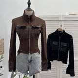 Vintage Modern Zipper Collar Spliced Pu Leather Shirt Babes Short Jacket Coat Fur Coat 1365 HZ1208