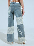 Street Style Hot Lace Spliced Straight Jeans Women's Summer Strap Design Prints Denim Trousers HZ1208
