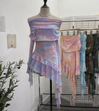 Sweet And Spicy Shoulder Dyed Printing Mesh Long-Sleeved Coat Folds Irregular Ribbon T-Shirt 9997 HZ1208