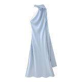 Ins Homemade Niche New Women's Clothing In Spring And Summer Solid Color Hanging Neck Silk And Siding Texture Dress HZ1208