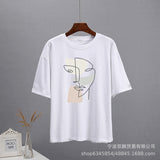 2025 Summer Abstract Aesthetic Print T-Shirt Women's Cotton Soft Loose Basic Top Ins T-Shirt HZ1208