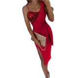 2025 New Women's Dress Solid Color Sexy Beads Open Skirt Belt One-Shoulder Evening Dress Night Dress Night Dress HZ1208