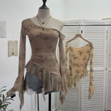 Personality Tie-Dye-Print Oblique Shoulder Dress Repair Irregular Lotus Horn Long-Sleeved Mesh T-Shirt 9955 HZ1208