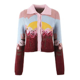 2025 Women's New Color Print Short Long-Sleeved Knitted Cardigan Sweater 7297 HZ1208
