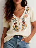 Mori's Vintage Flower Embroidered Knitted Sweater Loose Little Fresh Knitted Shirt HZ1208