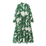 2025 Women's Long-Sleeved Green-Print Shirt Dress 3662 HZ1208