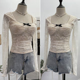 Real Pat With Chest Cushion Square Collar Bow Lace Long Sleeve Bottom Top Dress Slim Slim Short Shirt 9520 HZ1208
