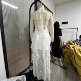 Sexy Sleeveless Slings With Lot Leaves Side-Off Long Dress Hot Net Yarn Splicing Holiday Dress HZ1208