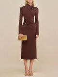 Hot Brown Metallic Button Decoration Knitted Dress High-Necked Long Sleeves Elegant Temperament HZ1208