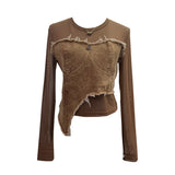 Design Feel Niche Cowboy Splicing Long-Sleeved Mesh T-Shirt Girl Summer Round Collar Dress Short Top 2617 HZ1208