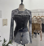 Vintage Dye Mesh Spliced Denim Shoulder Long-Sleeved T-Shirt T-Shirt T-Shirt Dress 2617 HZ1208
