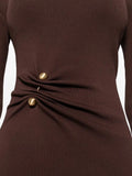 Hot Brown Metallic Button Decoration Knitted Dress High-Necked Long Sleeves Elegant Temperament HZ1208
