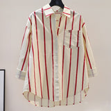 Cotton 2025 Spring And Autumn New Korean Version Of Small Fresh Cardigan Striped Print Single Pocket Loose Long-Sleeved Shirt Woman HZ1208