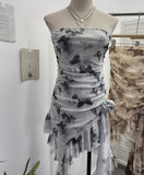 Solid Shot Tie Net Yarn Printing Irregular Ribbon Three-Dimensional Flowers Small Man With Chest Short Skirt Dress Dress 6652 HZ1208