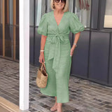 Women's Clothing 2025 Spring And Summer 2025 New V Tie With Foam Sleeve Cotton Dress HZ1208