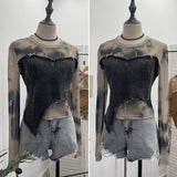 Vintage Dye Mesh Spliced Denim Shoulder Long-Sleeved T-Shirt T-Shirt T-Shirt Dress 2617 HZ1208