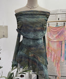 Sweet And Spicy Shoulder Dyed Printing Mesh Long-Sleeved Coat Folds Irregular Ribbon T-Shirt 9997 HZ1208