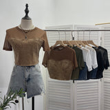 2025 Summer Denim Splicing Mesh Yarn Short-Sleeved T-Shirt Design Fake Two Hot Girl Short Top 26231 HZ1208