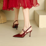 French Wine Red High-Heeled Sandals Women 2025 Summer New Bun Head Buckle Fine Temperament Single Shoe With Skirt HZ1208