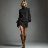 2025 High-End Women's Retro Collar Imitation Leather Short Dress Autumn And Winter New Long-Sleeved Short Dress HZ1208