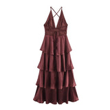 Z2025 Women's Summer Romantic French Elegant Dinner Light Dress Suspension Deep V Brass HZ1208