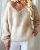 Soft Glutinous V-Neck Long-Sleeved Sweater Woman 2025 Autumn And Winter Cover Solid Color Lazy Wind Loose Knitted Shirt Top HZ1208