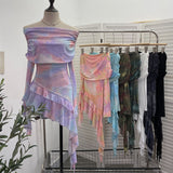 Sweet And Spicy Shoulder Dyed Printing Mesh Long-Sleeved Coat Folds Irregular Ribbon T-Shirt 9997 HZ1208