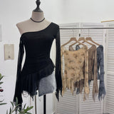 Personality Tie-Dye-Print Oblique Shoulder Dress Repair Irregular Lotus Horn Long-Sleeved Mesh T-Shirt 9955 HZ1208