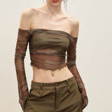 2025 New Shoulder Long-Sleeved Mesh T-Shirt Girl Autumn Sweet Hottie Sexy Short-Term Perspective Top HZ1208