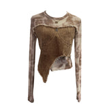 Vintage Dye Mesh Spliced Denim Shoulder Long-Sleeved T-Shirt T-Shirt T-Shirt Dress 2617 HZ1208